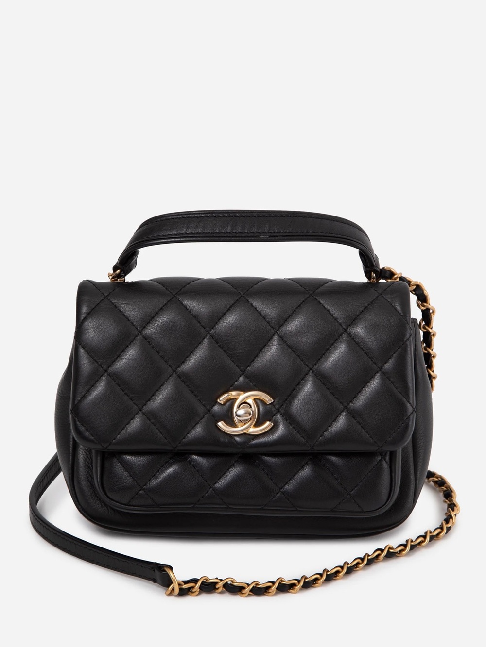 Pre-Owned Chanel 2019 Black Calfskin Quilted Flap Top Handle Bag is